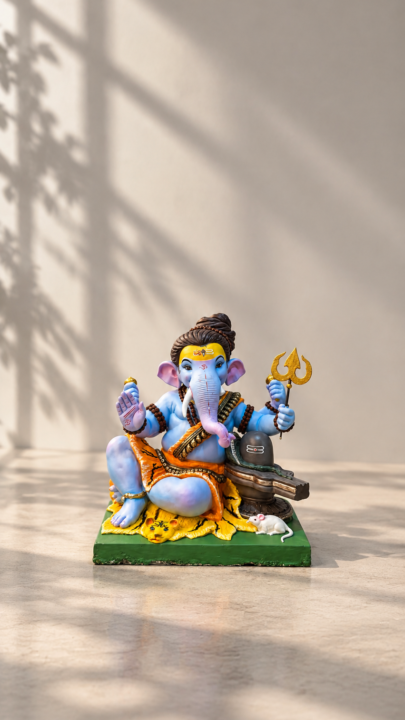 Blue Ganesha 4K Wallpaper – Trishul & Shiva Lingam - Free Download