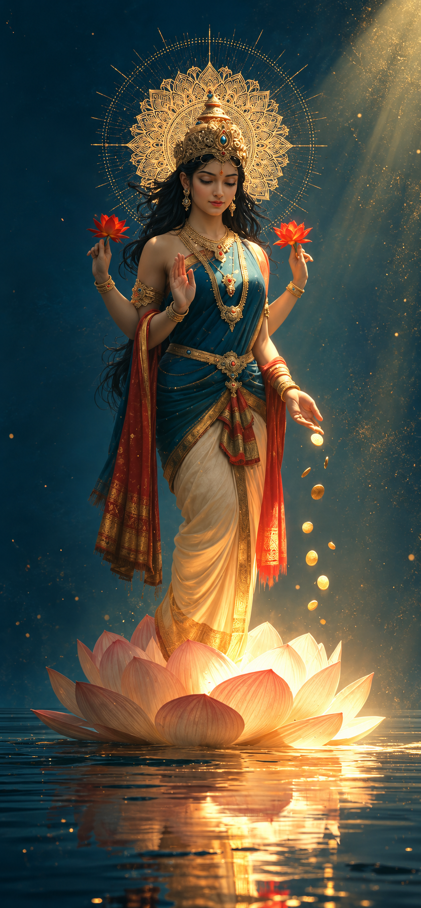 Goddess Lakshmi 4K Wallpaper – Golden Aura and Lotus Goddess - pixora4k.com