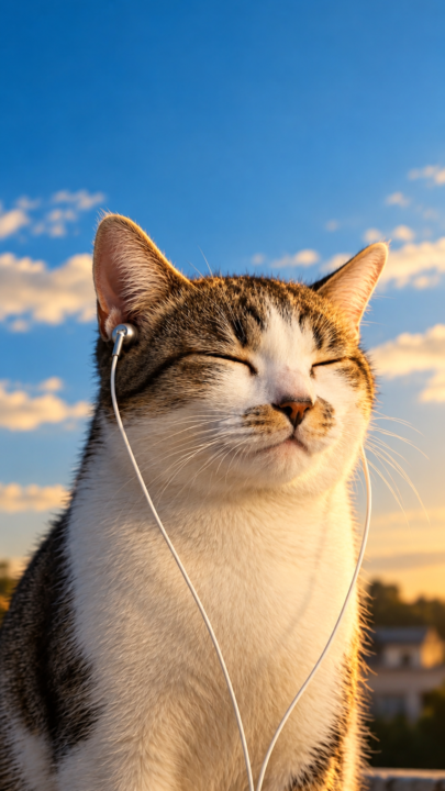 Golden Hour Cat with Earphones 4K Wallpaper – Cute Cat Wallpaper 3840x2160 - Free Download