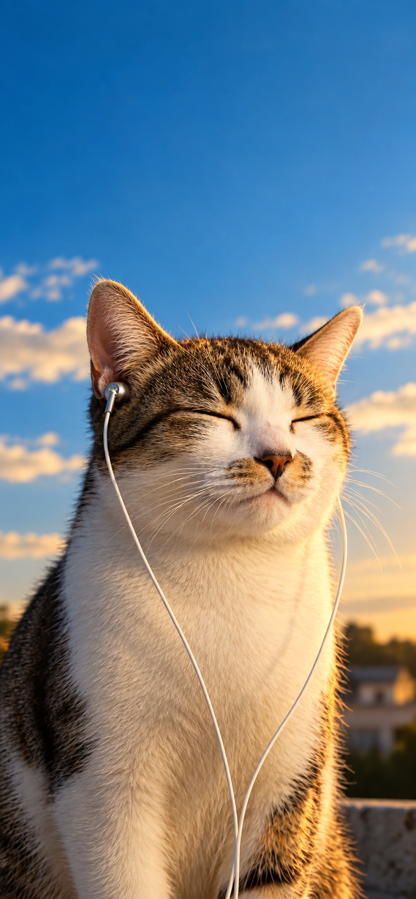Golden Hour Cat with Earphones 4K Wallpaper – Cute Cat Wallpaper - pixora4k.com