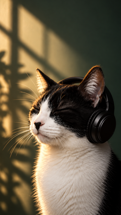 Serene Cat with Headphones 4K Wallpaper – Black and White Cat 3840x2160 - Free Download