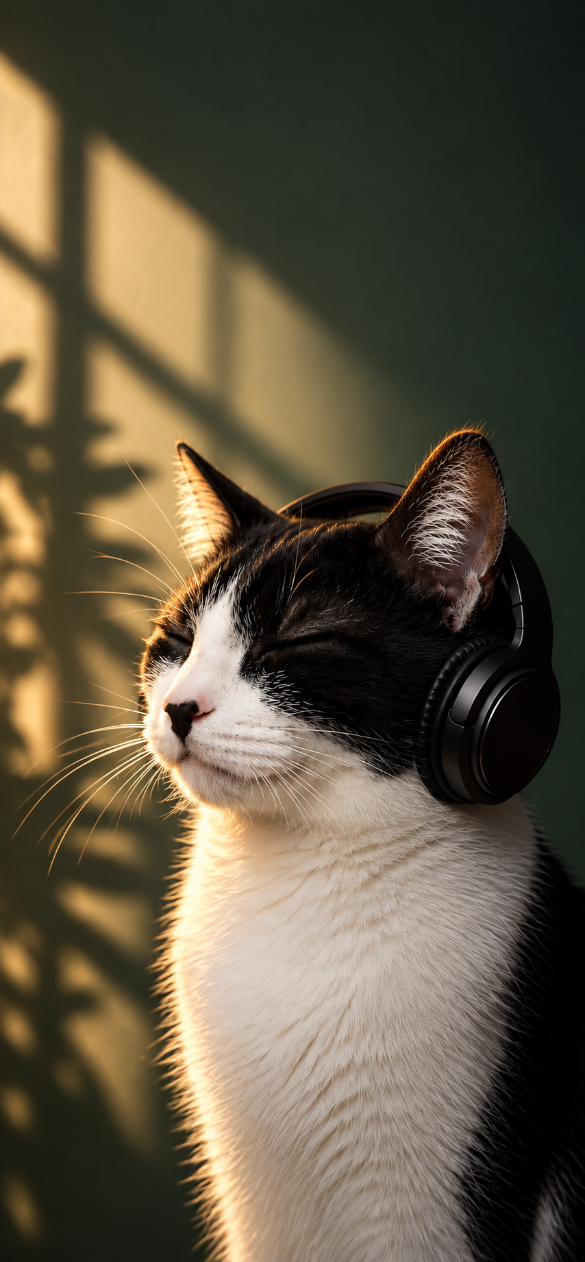 Serene Cat with Headphones 4K Wallpaper – Black and White Cat - pixora4k.com