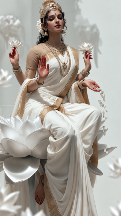 Goddess Lakshmi 4K Wallpaper – Ivory Saree and White Lotus - Free Download