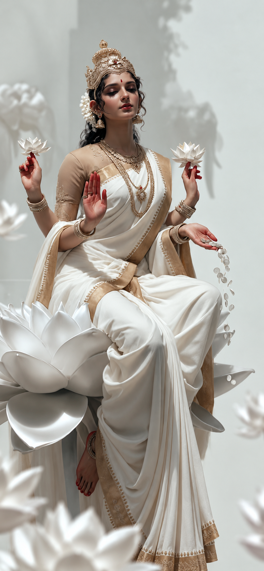 Goddess Lakshmi 4K Wallpaper – Ivory Saree and White Lotus - pixora4k.com