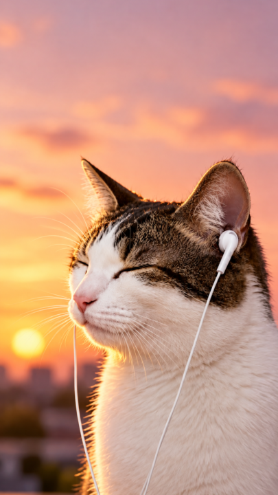 Peaceful Cat with Earbuds 4K Wallpaper – Sunset Cat Wallpaper 3840x2160 - Free Download