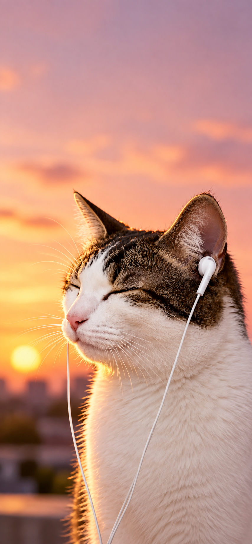 Peaceful Cat with Earbuds 4K Wallpaper – Sunset Cat Wallpaper - pixora4k.com