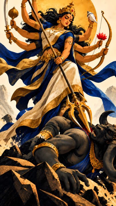 Goddess Durga 4K Wallpaper – Blue and Gold Divine Artwork - Free Download