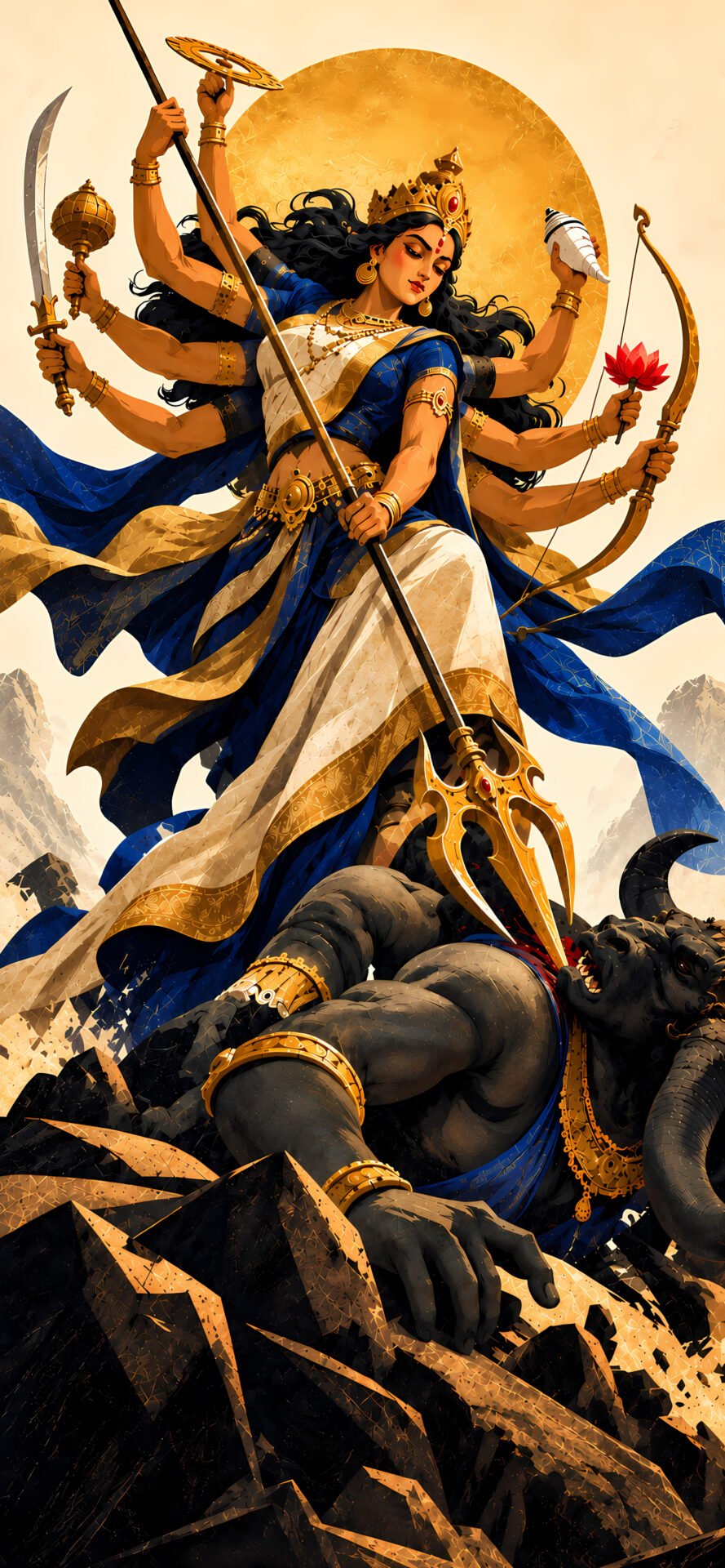 Goddess Durga 4K Wallpaper – Blue and Gold Divine Artwork - pixora4k.com