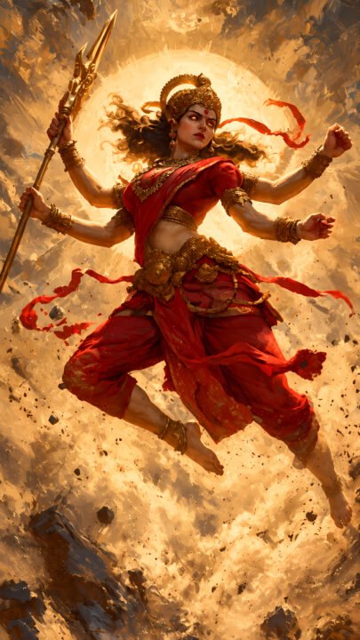 Goddess Durga 4K Wallpaper – Powerful Red Warrior Goddess - Free Download