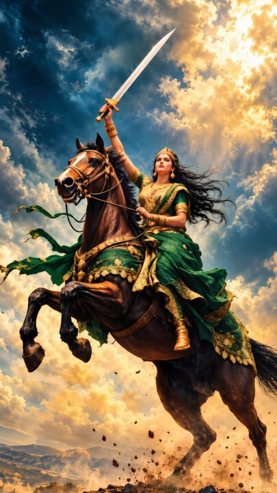 Goddess Warrior 4K Wallpaper – Green Saree and Horse - Free Download
