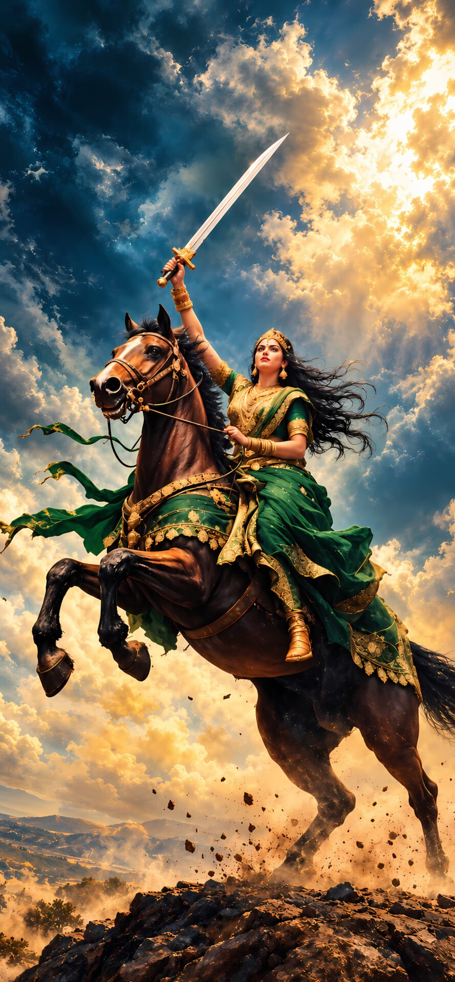 Goddess Warrior 4K Wallpaper – Green Saree and Horse - pixora4k.com