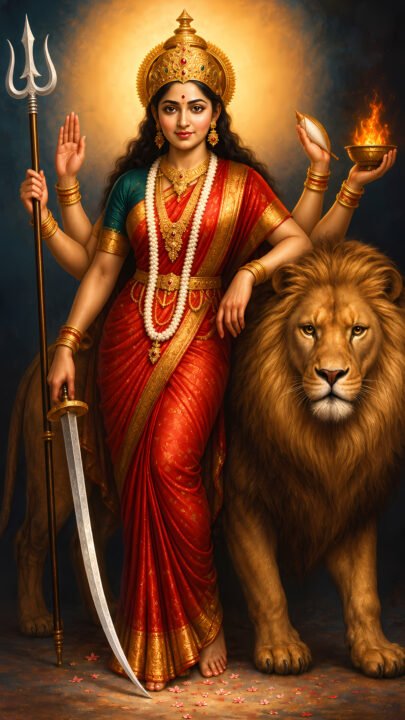Goddess Durga 4K Wallpaper – Divine Power with Lion - Free Download