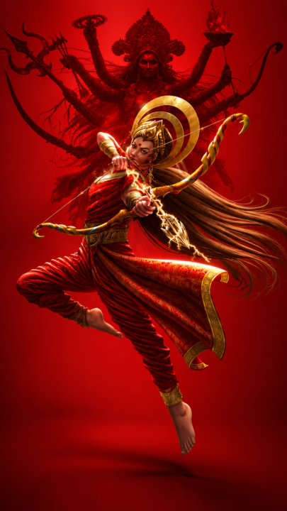Goddess Durga 4K Wallpaper – Divine Warrior with Golden Bow - Free Download