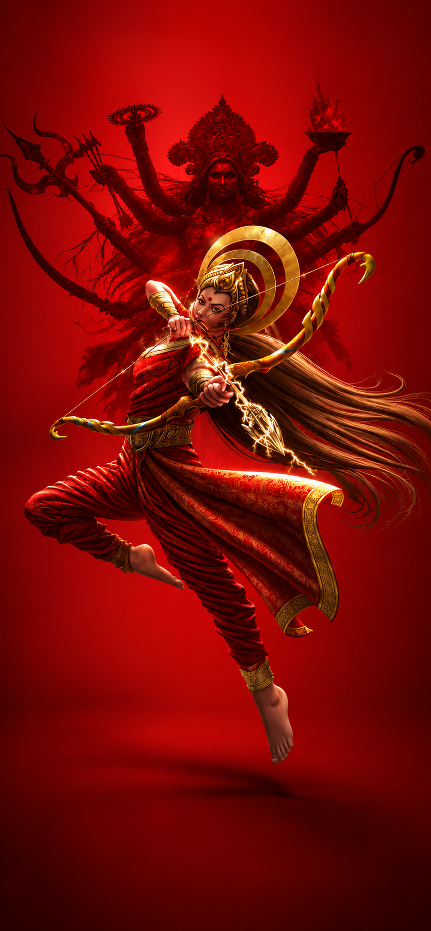 Goddess Durga 4K Wallpaper – Divine Warrior with Golden Bow - pixora4k.com