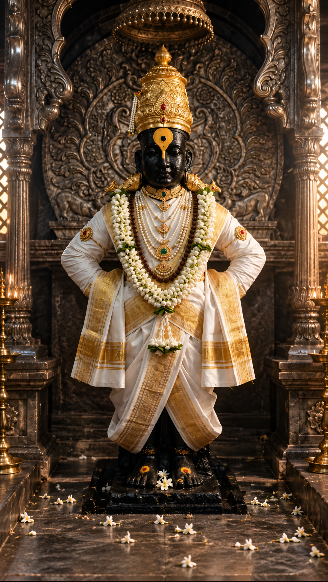Lord Vitthal Pandurang 4K Wallpaper – White Gold Devotional Temple Wallpaper - pixora4k.com