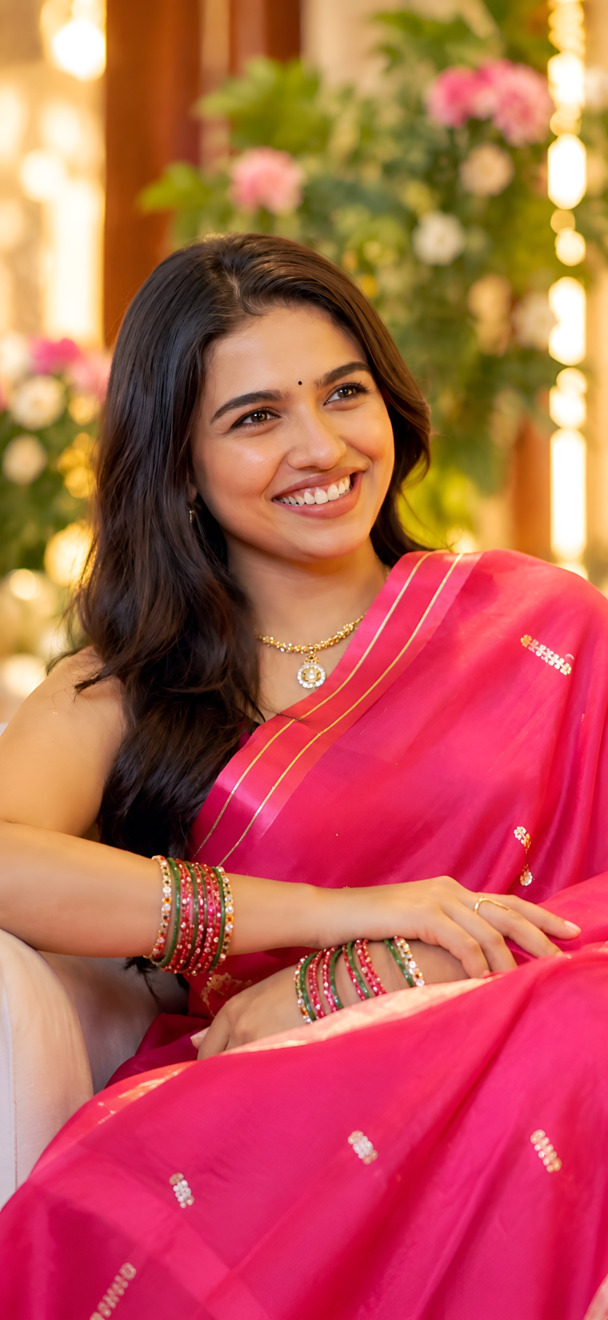 Mamitha Baiju Bright Pink Saree 4K Wallpaper - pixora4k.com
