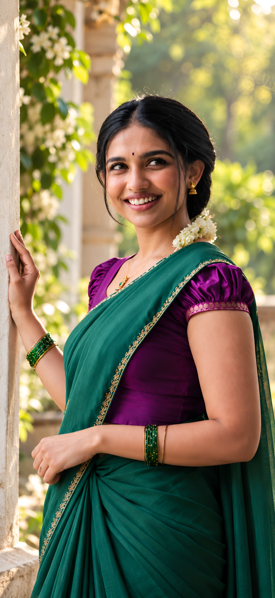 Mamitha Baiju Green Saree Jasmine 4K Wallpaper - pixora4k.com