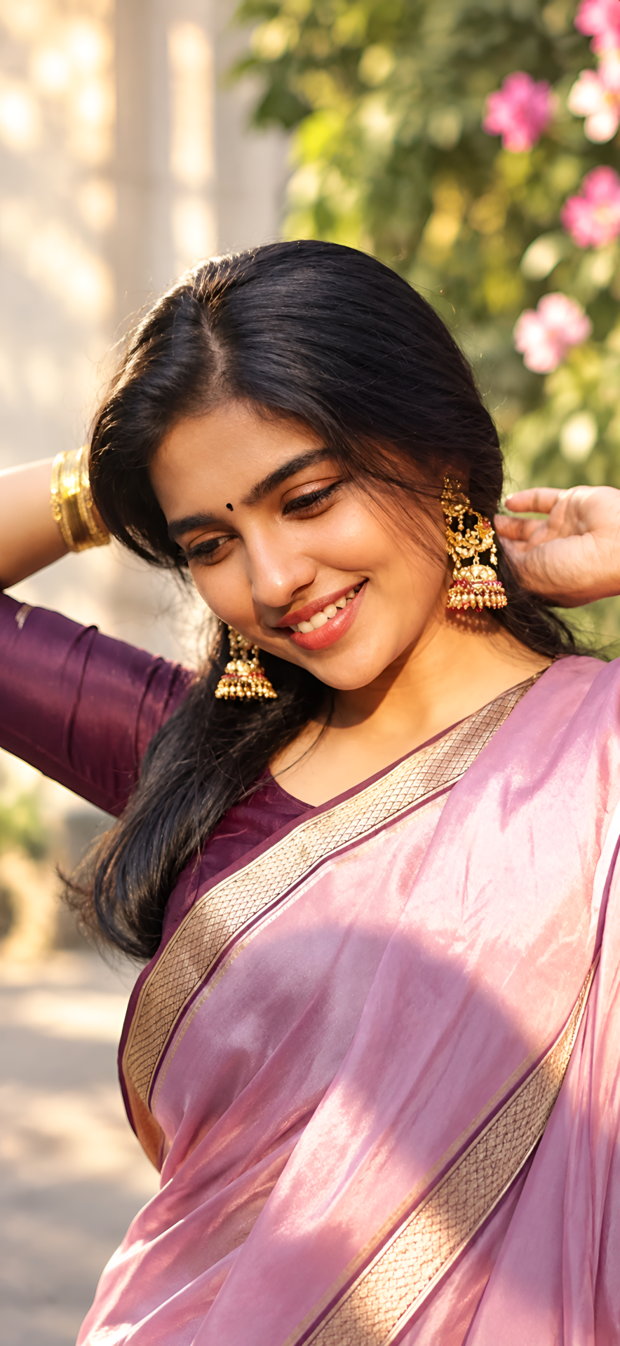 Mamitha Baiju Pink Saree Smiling 4K Wallpaper - pixora4k.com