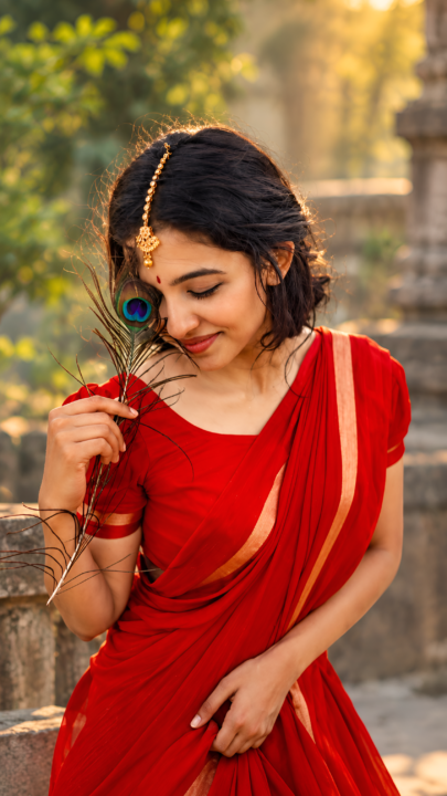 Mamitha Baiju Red Saree Peacock Feather 4K Wallpaper 3840x2160 - Free Download