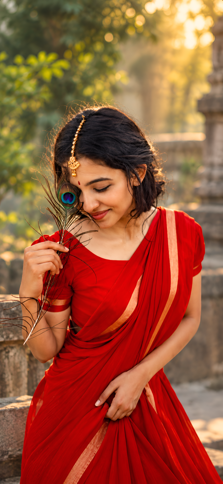 Mamitha Baiju Red Saree Peacock Feather 4K Wallpaper - pixora4k.com