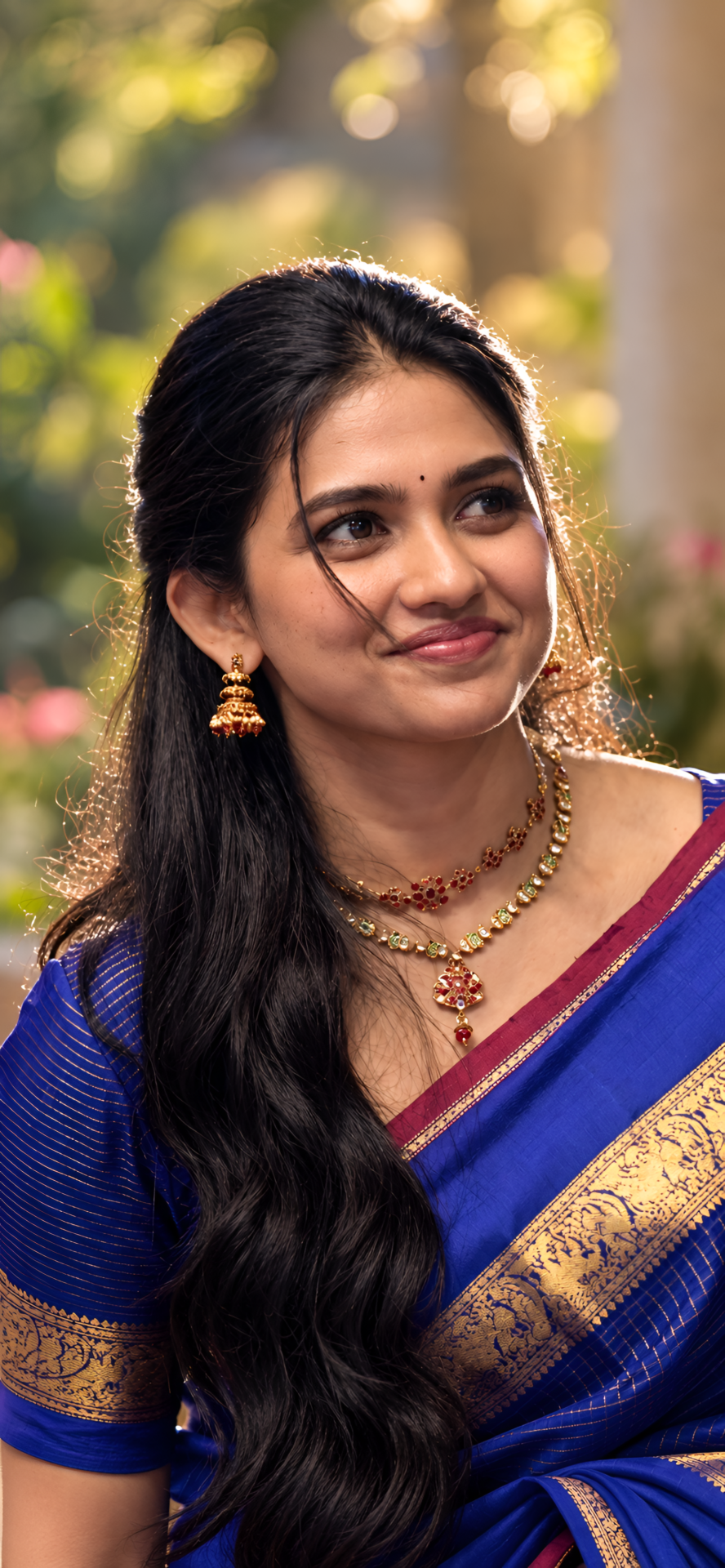 Mamitha Baiju Royal Blue Saree 4K Wallpaper - pixora4k.com