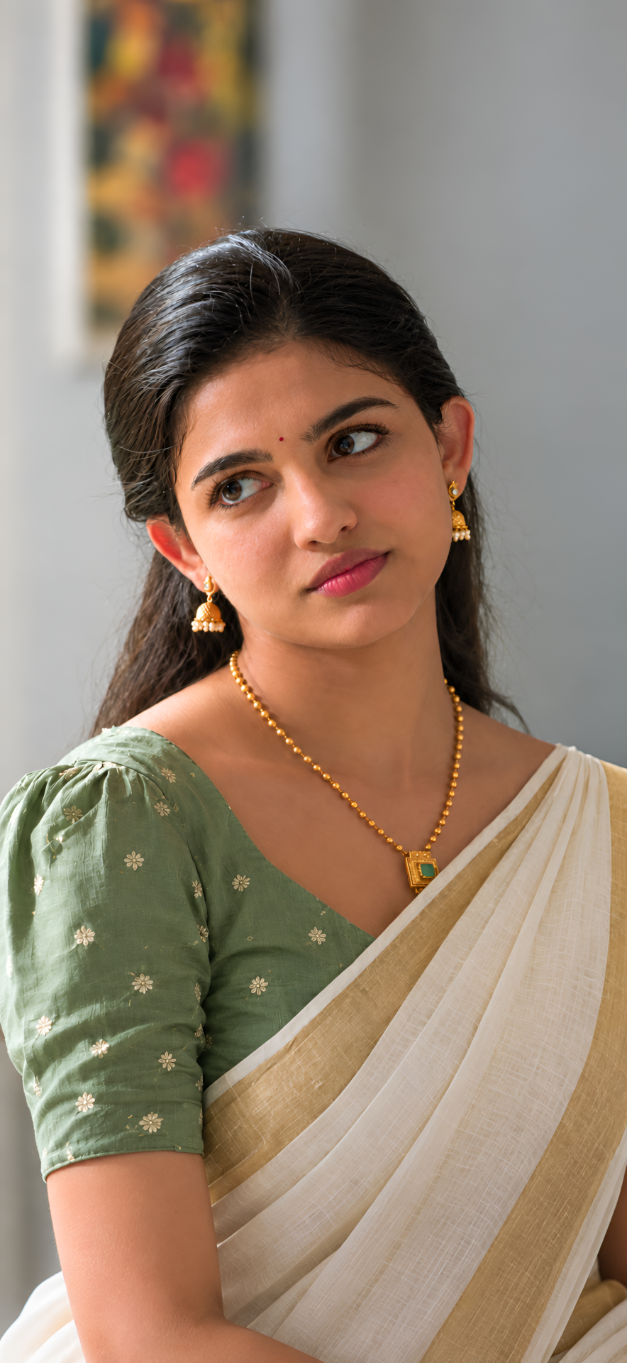 Mamitha Baiju White Saree Green Blouse 4K Wallpaper - pixora4k.com